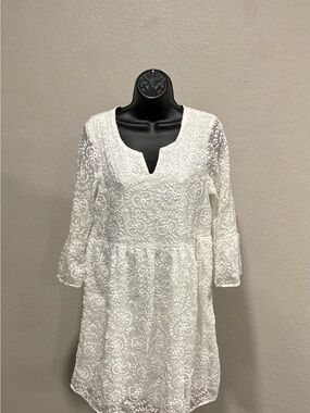 White Eyelet Lace Mini Dress with Notch Neckline